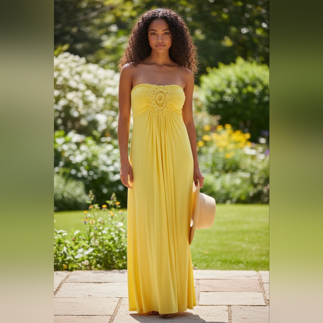 Sky Strapless Yellow Maxi Dress With Crochet Bodice